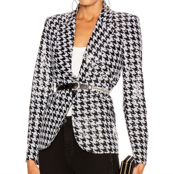 NWT$675 L'Agence Chamberlain Sequin Black and White Houndstooth Blazer Sz 4 - Picture 1 of 16